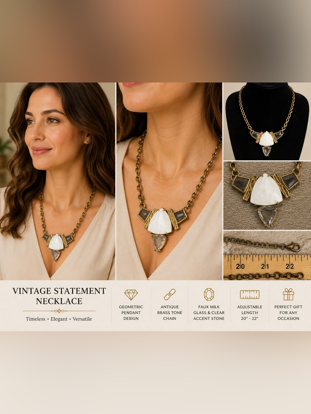 Vintage Statement Necklace White Milk Glass Geometric Pendant Adjustable Chain